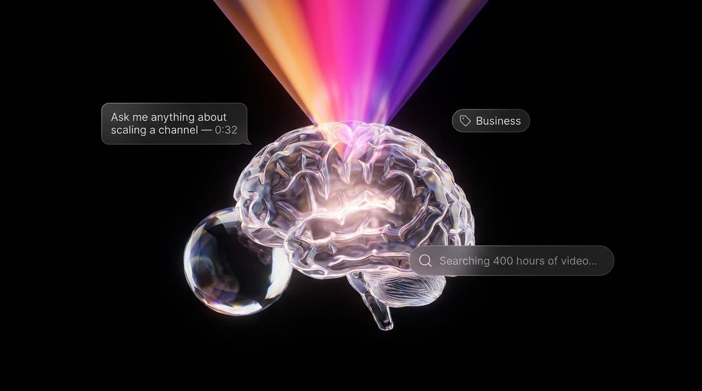 A glass brain emitting a prismatic cone of amber, pink, and violet light, surrounded by floating chat fragments